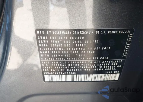 2024 Volkswagen Tiguan 2.0T Sel R-Line из США, поврежденный, VIN 3VV4B7AX3RM150065